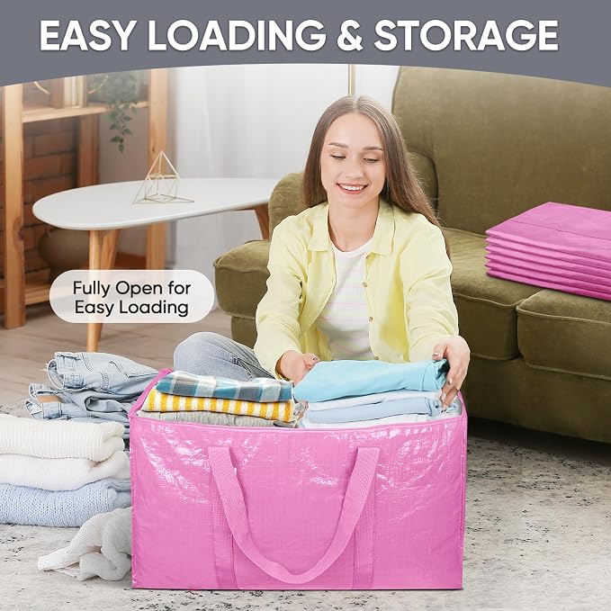 TICONN 2 Pack Extra Large Moving Bags Heavy Duty with Zippers & Carrying Handles, Durable Storage Bags Moving Boxes for Closet Organizers and Storage (2 Pack, Pink) - Image 7