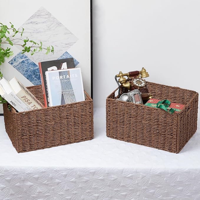 Large Wicker Storage Basket, Set of 2 Baskets for Organizing Brown | Hand-Woven Wicker Small Storage Baskets for Organizing Toilet Paper, Foldable Large Cube Storage Organizer Bins for Shelves - Image 6