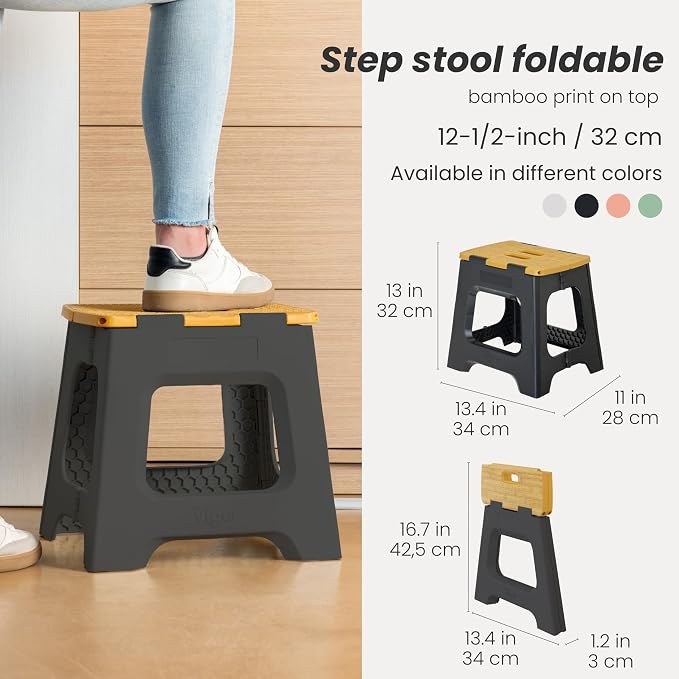 Vigar Compact Folding Step Stool, 12-1/2 in, Black Bamboo Print | 12-1/2 in Foldable Stool, Lightweight Portable Design, Handle, Non Slip Surface, Space-Saving, Supports up to 330 lb - Image 2