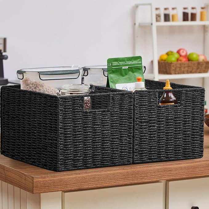 Wicker Storage Basket, Set of 2 Hand-Woven Paper Rope Wicker Basket, Small Storage Baskets for Organizing Toilet Paper Basket, Foldable Large Cube Storage Organizer Bins for Shelves (Black) - Image 6