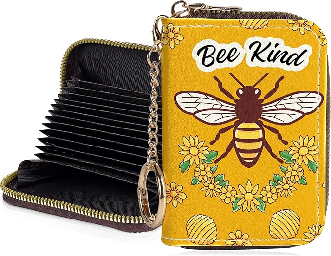 Credit Card Holder for Women,Small Rfid Wallet with Keychain Zipper,Cute PU Leather Card Case Wallet，Accordion Credit Card Wallets Gift,Bee kind by Unknown