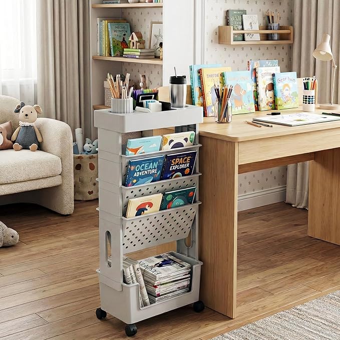 5-Tier Rolling Bookshelf Magazine Rack with Wheels Gray | Mobile Bookcase, Book Storage File Folder Organizer Cart for Home Study Office Living Room Classroom - Image 2