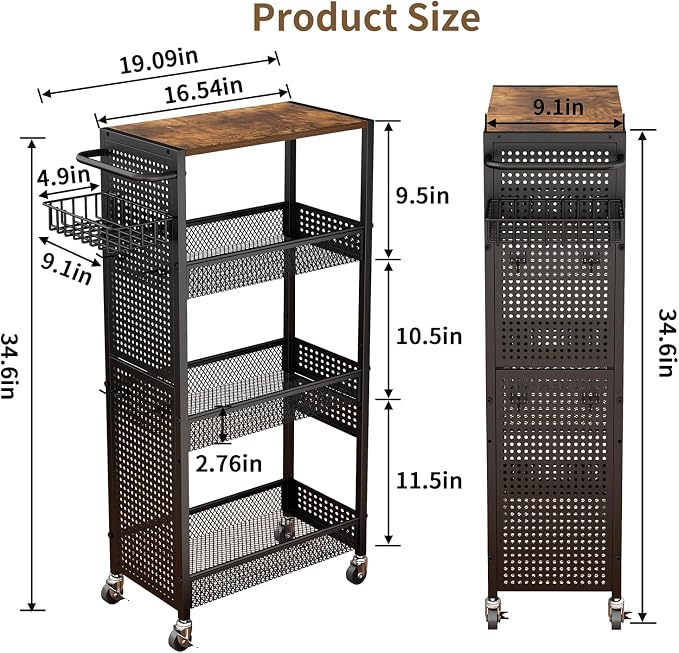 Slim Storage Rolling Cart: 4-Tier Narrow Metal & Wood Utility Cart with Wheels for Kitchen/Laundry/Bathroom(Black) - Image 7