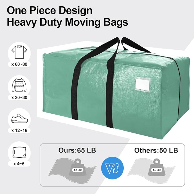 VELVETSURE 6 Pack Heavy Duty Large Moving Bags W/Backpack Straps - Strong Handles & Zippers, Storage Totes For Space Saving, Fold Flat, Alternative to Moving Box and Storage Bin, Teal - Image 5