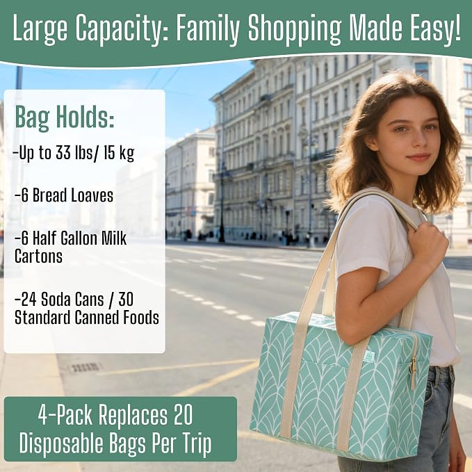 VENO 4 Pack Utility Tote Reusable Grocery Bags with Zipper & Hard Bottom | Heavy Duty Foldable Water-Resistant Shopping Bags for Summer Beach, Pool, Picnic & Travel Carry-on (Evergreen, 4 Pack) - Image 7