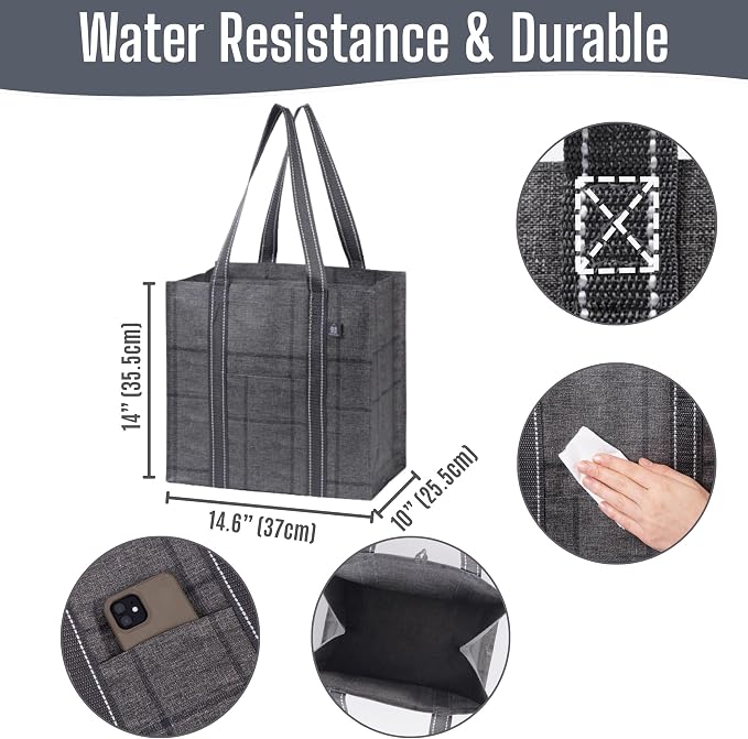 VENO 4 Pack Large Grocery Bag Reusable Shopping Bags with Hard Bottom | Utility Tote with Reinforced Handles, Heavy Duty, Foldable, Stand Upright, for Groceries Shopping Cart (Windowpane, 4 Pack) - Image 3
