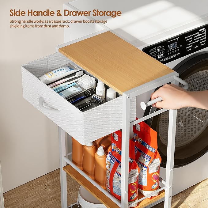 Lewondr 3-Tier Slim Storage Cart with Drawer, Rolling Utility Cart, White | Handle & Lockable Wheels, with Wood Top, Metal Frame, Kitchen Bathroom Laundry Room Organizer for Small Spaces - Image 4