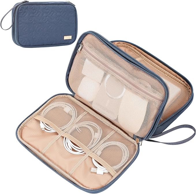 NISHEL Travel Cord Organizer Case, Double Layers Tech Electronic Bag, Essentials for Charger, Cable, Phone, Flash drive, Large, Aegean-Blue | Double-layer bag keeps chargers, cables, flash drive, and small tech essentials organized for trip, Large, Aeg... by NISHEL