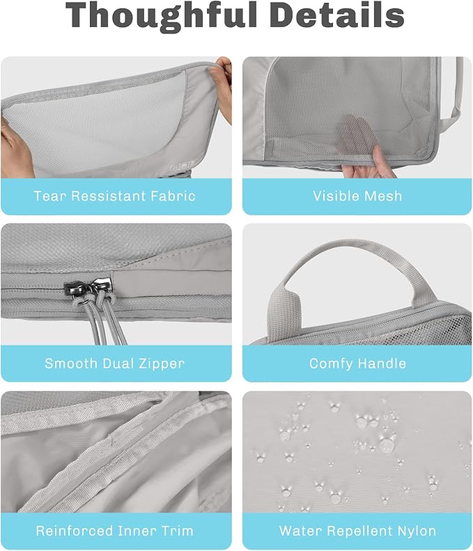 6 Set/ 4 Set/ 2 Set Compression Packing Cubes Travel Essentials Lightweight Nylon Luggage Suitcase Organizer Bag Light Grey 6PCS - Image 7