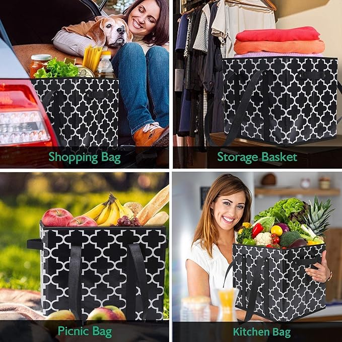 WISELIFE Reusable Grocery Bags 3-Pack Foldable Washable Large Storage Bins Basket Water Resistant Shopping Tote Bag Black | Water Resistant Shopping Tote Bag Bins - Image 2