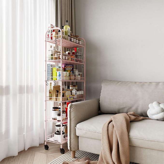 6 Tier Slim Rolling Storage Cart with Wheels, Metal Mobile Shelving Unit Organizer Utility Cart for Office Bathroom Kitchen Laundry Room Narrow Places (Pink 10 Inches) - Image 8