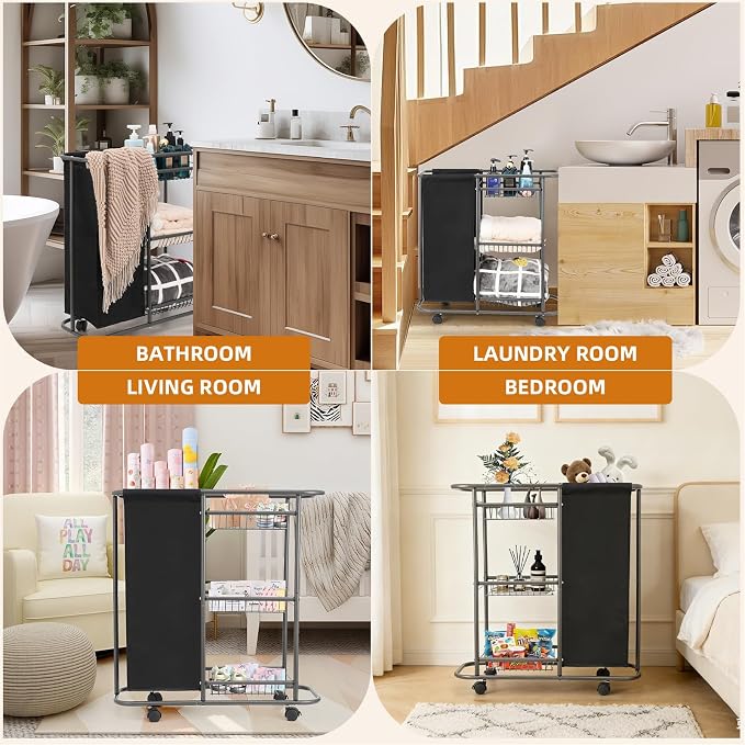 3-Tier Rolling Laundry Cart with Wheels and 45L Bag, Black | Between Washer and Dryer, Heavy Duty, For Narrow Space Laundry Room Bathroom Bedroom - Image 6
