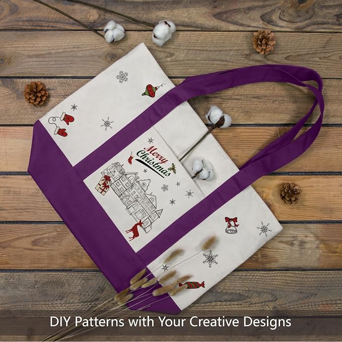 TOPDesign 3-Pack Canvas Tote Bags with an External Pocket, Reusable Grocery Shopping Bags, Top Zipper Closure, Daily Essentials (Purple/Natural) - Image 3