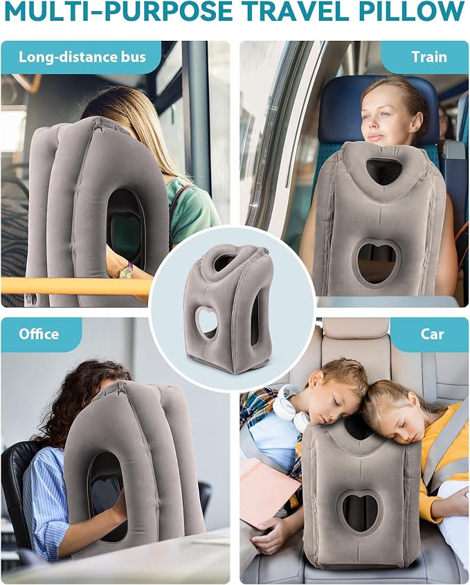 Inflatable Travel Pillow, Airplane Neck Pillow Comfortably Supports Head and Chin for Airplanes, Trains, Cars Office Napping on The Tray Table (Grey) - Image 7