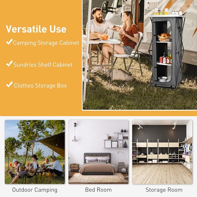 Goplus Folding Camping Storage Cabinet, Pop Up Outdoor Camping Kitchen Station with Large 3-Tier Storage Organizer, Carry Bag, Easy Set Up Portable Compact Camping Table for BBQ Picnic Backyard (55'') - Image 7