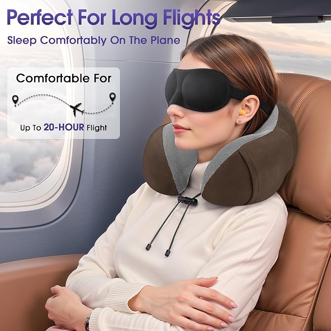 CloudBliss Travel Pillow for Airplanes, Memory Foam Neck Pillow Set, Brown | Travel Neck Pillow for Long Flight, Train, Car & Office, Plane Travel Accessories with Eye Mask, Earplugs, Storage Bag - Image 4