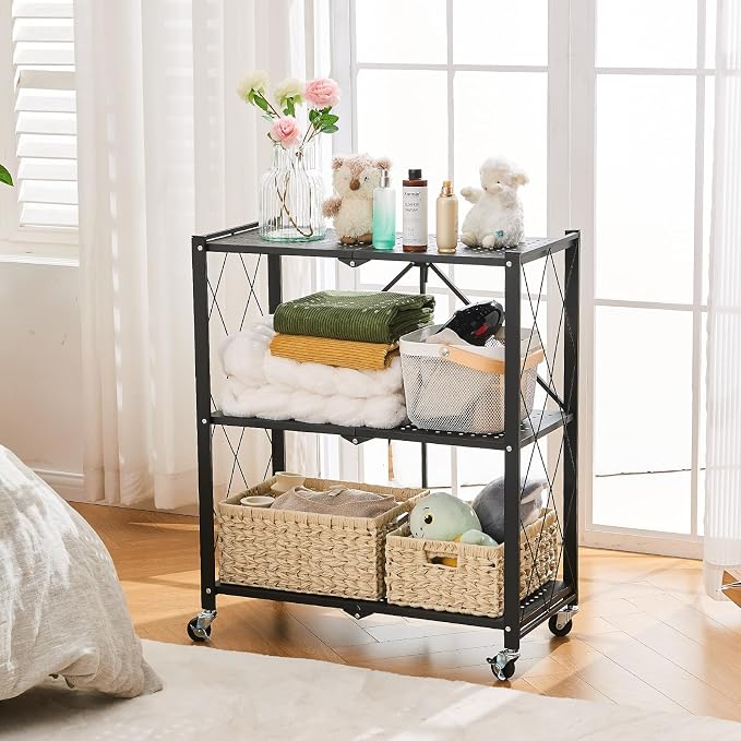BRIAN & DANY 3-Tier Foldable Storage Shelves with Wheels, No Assembly Folding Shelf Metal Rack, Shelving Unit for Kitchen, Garage, Black - Image 2