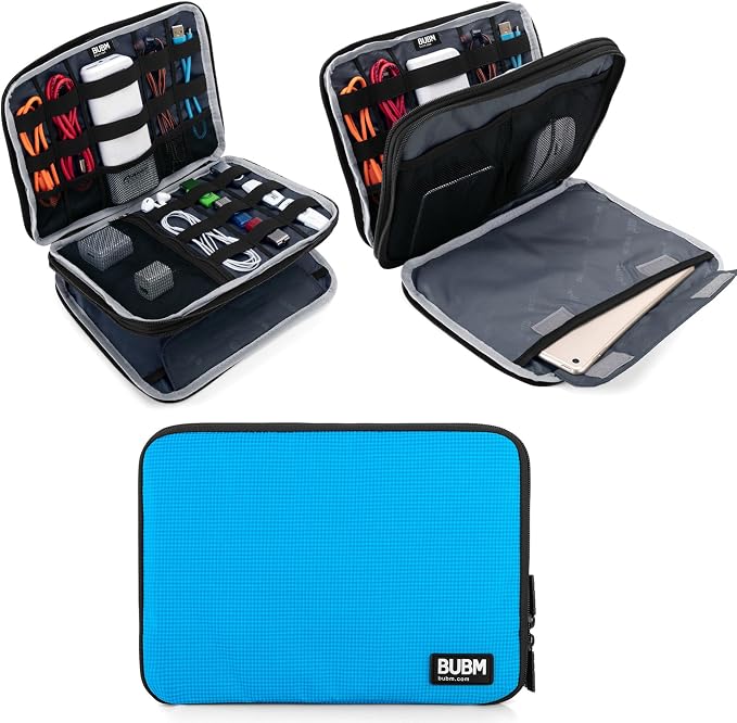 BUBM Double Layer Electronics Organizer, Travel Gadget Bag for Cables, Memory Cards, Flash Hard Drive and More, Fit for iPad or Tablet(up To 9.7")--Large, Blue | Travel Gadget Bag For Cables, Memory Cards, Flash Hard Drive and More, Fit For iPad or Tab... by BUBM