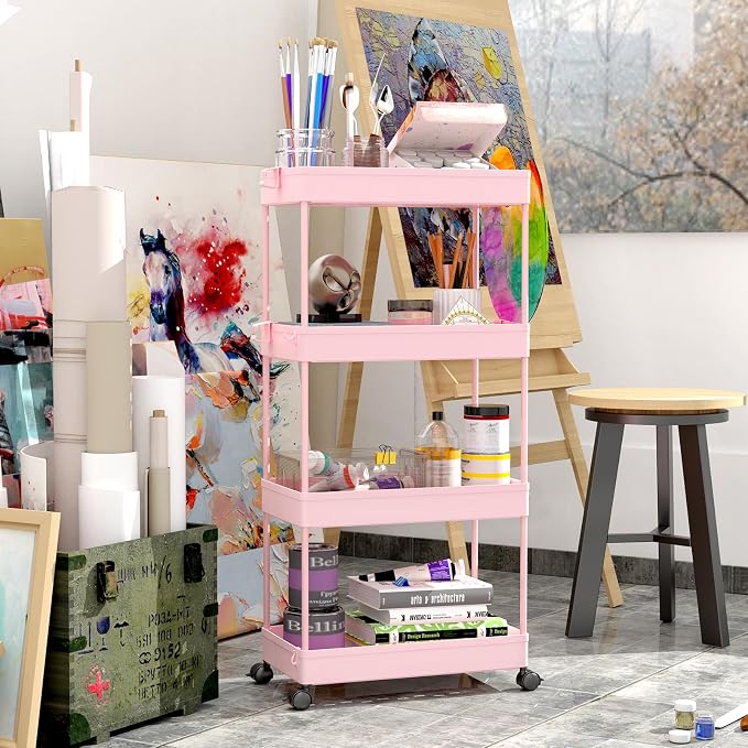 SPACEKEEPER 4 Tier Rolling Cart, Bathroom Cart Organizer with Wheels, Pink | Mobile Storage Cart for Laundry Room Organization,Kitchen,Office,Bathroom, Utility Cart for Snack,Craft,Art,Makeup,Nail,Toys - Image 2
