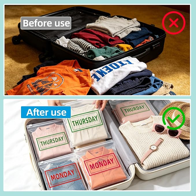 28 Pcs Days of the Week Packing Cubes for Travel Clear Compression Packing Organizers for Suitcase Daily Planner Travel Bags for Clothes Reusable Zippered Luggage Storage Bag - Image 6