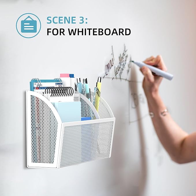 3-Grid Magnetic Pencil Holder, Strong Magnet Locker Organizer, White | Mesh Magnetic Shelf, Marker Holder Perfect for Whiteboard, Refrigerator and Locker Accessories - Image 6