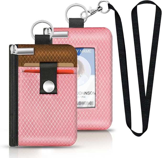 Minimalist RFID Blocking Small Wallet with ID Window,WaterResistant Zip Id Case Wallet with Lanyard Keychain for Cards,Cash,Travel,Women,Men (Pink/Brown) - Image 6