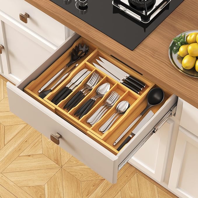 Lifewit Silverware Drawer Organizer, Wooden Utensil Tray for Kitchen | Expandable Flatware and Cutlery Holder, Adjustable Storage for Spoons Forks Knives, 13-22x15", Natural - Image 9