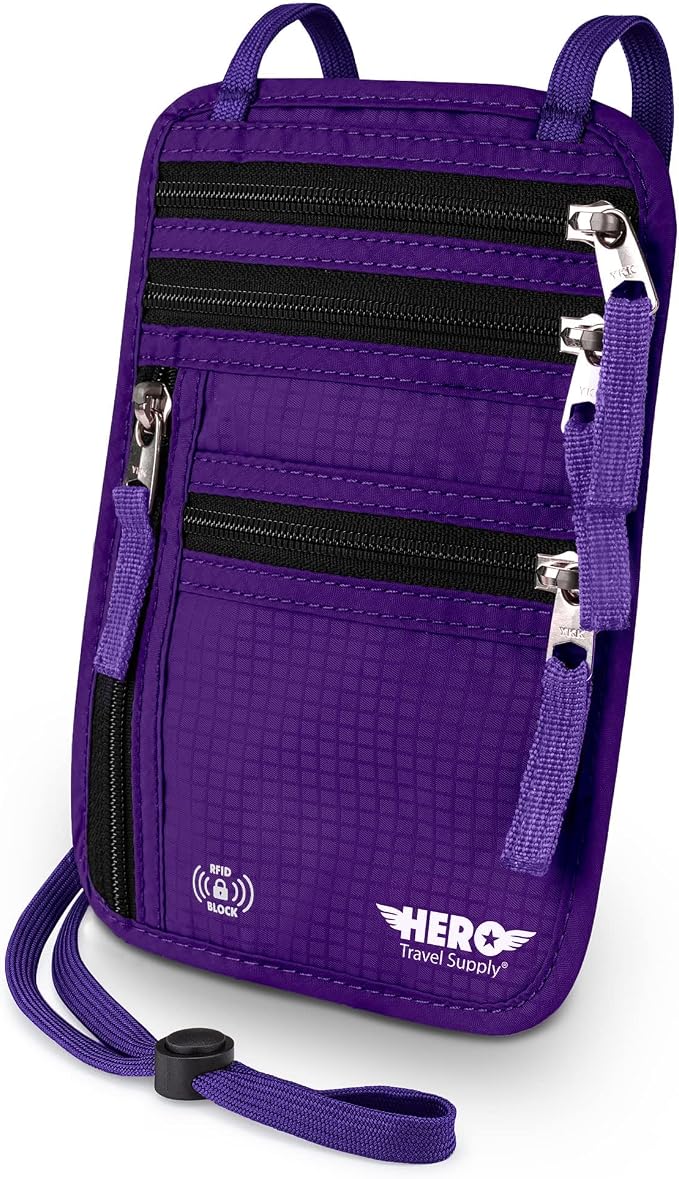 HERO Neck Wallet - RFID Blocking Passport Holder, Easy to Conceal Travel Pouch (Purple) by HeroTravelSupply