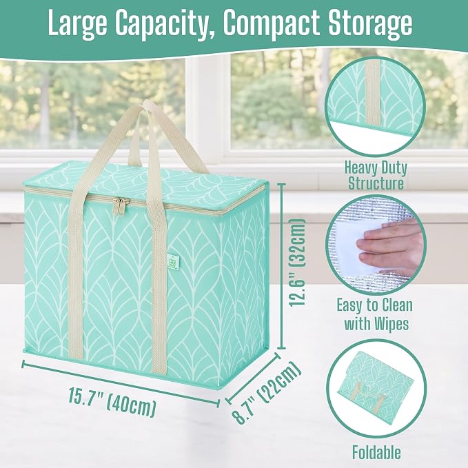 VENO 2 Pack Insulated Cooler Bag Reusable Grocery Bag for Food Delivery | Heavy Duty Large Collapsible Cooler Shopping Tote w/ Zippers, Foldable, Stands Upright for Camping Picnic(Evergreen, 2 Pack) - Image 2