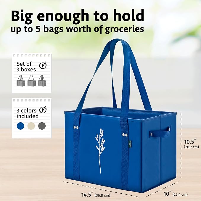 Green Bulldog Reusable Grocery Bags - Heavy Duty Reusable Shopping Tote Bags W/Long Handles, Foldable & Collapsible, Holds Up to 65 lbs - for Kitchen, Picnic 3 Pack - Image 2