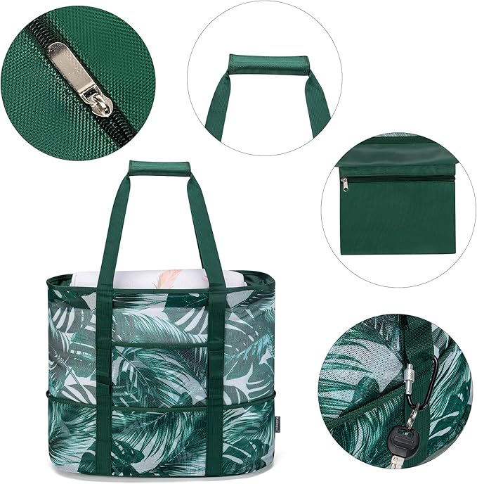KABAQOO Mesh Beach Bag, Extra Large Beach Bags with 9 Pockets & Zipper Waterproof Lightweight Beach Tote for Beach/Pool Trip - Image 3