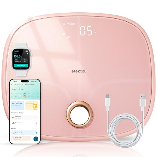 Etekcity Rechargeable Smart Scale for Body Weight, FSA Eligible, Pink | HSA eligible, tracks 13 metrics including BMI, body fat and muscle mass, with Secret Mode and Bluetooth app sync by Etekcity