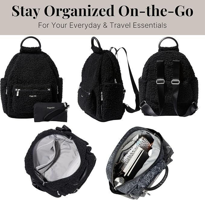 Baggallini Womens All Day Backpack With RFID Phone Wristlet, Black Faux Shearling - Image 6