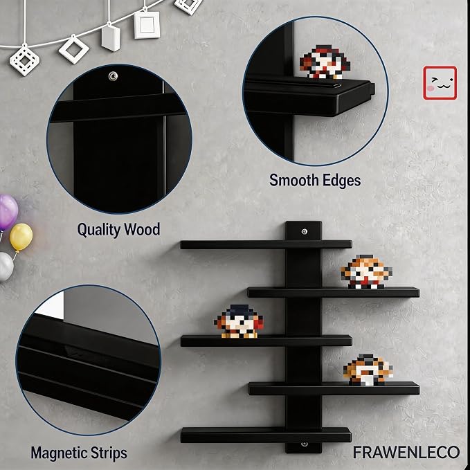 No Drill Floating Shelf for Wall, 5-Tier Wall Mounted Organizer, Damage-Free Display Shelf for Collectibles, Figures, Bathroom Kitchen Storage, Black - Image 7