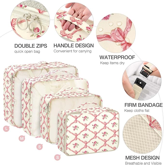 8 Set Packing Cubes for Suitcases,Packing Cube with Shoe, Cosmetics, Clothing, and Accessories Bags Packing Cubes for Travel Luggage Organizer Women Men(Bow Flowers) - Image 3