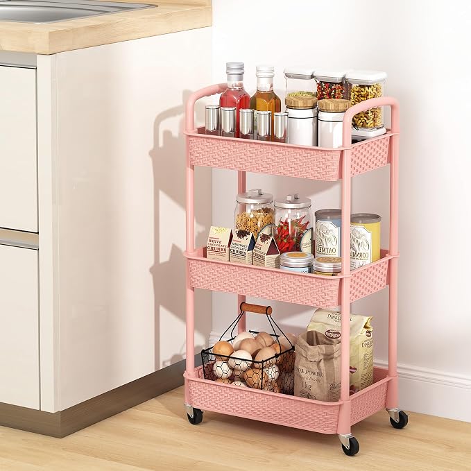MOYIPIN 3-Tier Plastic Rolling Utility Cart with Handle,Utility,Pink | Utility Storage Cart for Office, Living Room, Kitchen,Movable Storage Organizer，Easy installation，Rattan-like art design - Image 8