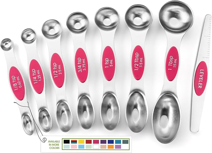 Spring Chef Dual Sided Magnetic Measuring Spoons Set of 8 for Kitchen, Pink | Stainless Steel Teaspoon & Tablespoon Measuring Spoons with Leveler for Dry & Liquid Ingredients, Nesting, Dishwasher Safe by SpringChef