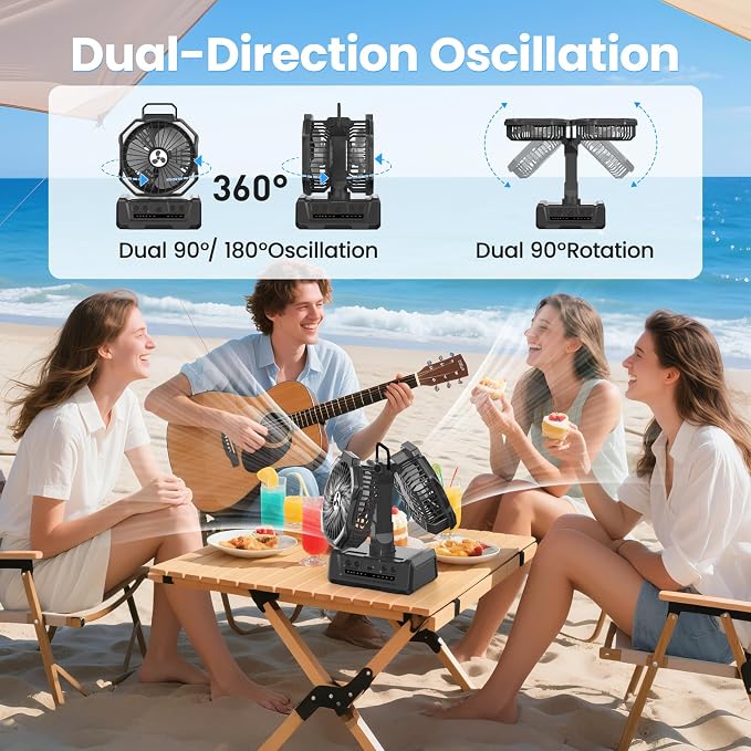 Dual Head Portable Rechargeable Fan 20000mAh Battery Powered Fan Cordless | with Dual Side LED Lantern & Remote, Auto Oscillation, Hook, Battery Operated for Tent Office Travel Camping Picnic - Image 5