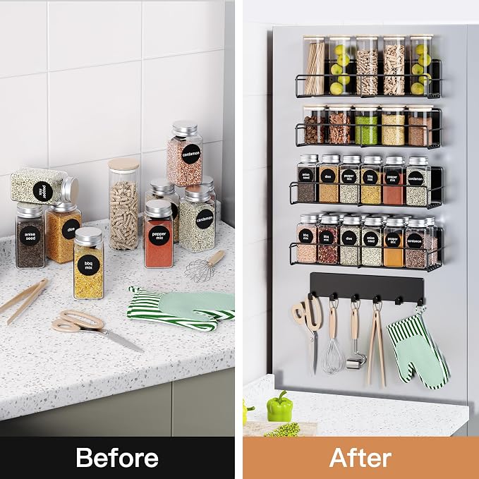 Mystozer 5 Pack Moveable Magnetic Spice Rack Organizer With 6 Hooks for Refrigerator, Metal Fridge Shelf Magnetic Basket for Fridge Kitchen Spice Organizer (Black) - Image 5