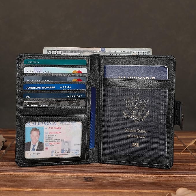 Polare Luxury RFID Blocking Leather Passport Holder Travel Wallet For Men and Women (Black with AirTag Slot(Snap Version)) - Image 7