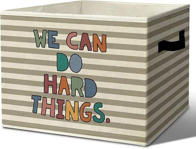 Rustic Boho Classroom Storage Bins Boxes with Handles | toys books clothes, we can do hard things grey striped nursery foldable basket for organizing bedroom toddler room playroom by Unknown
