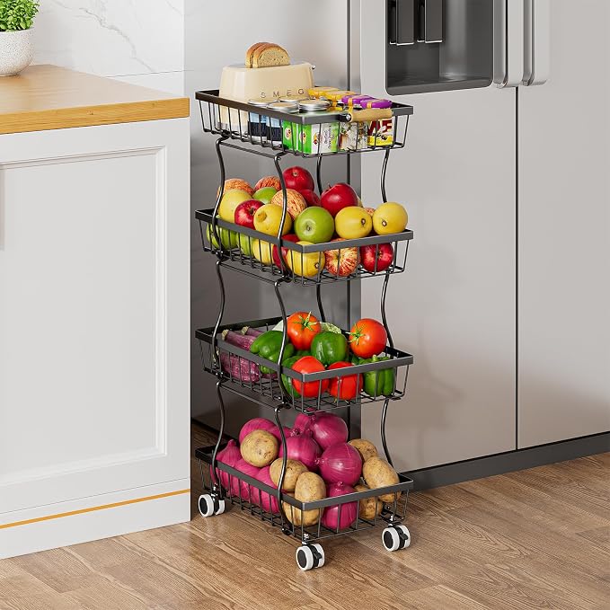 Stackable Fruit Vegetable Basket 4 Tier Kitchen Storage Rolling Cart | metal frame, 9.4“ width for small ppace, easy assembly, veggie rack for potato onion produce apple banana, move smoothly by MJIMKE
