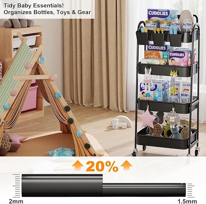 Black 4 Tier Rolling Cart Metal with Lockable Wheels, Four Tiered,38in Tall | Storage Rolling Cart on Wheels, Heavy Duty Utility Organizer Carts for Laundry, Kitchen, Dorm, Craft, Art, Snack, Mesh Basket - Image 5