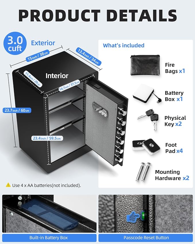 DAYI Safe Box, 3.0 Cubic Feet Home Safes with Fireproof Waterproof Bag, Security Safe for Money Cash Documents, Digital Keypad, Dual Alarm System, Removable Shelf - D-60 - Image 6