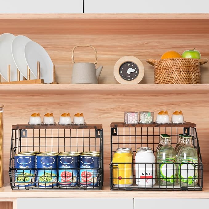 Mefirt Fruit Basket, Stackable Wall Mounted Fruit Baskets, Potato Baskets Onion Storage for Kitchen, Hanging Wire Basket with Wood Lid, 2-Tier Vegetable Organizer Kitchen Countertop Organization | Hanging Potato Basket Wire Basket with Wood Lid, 2-Tier... - Image 3
