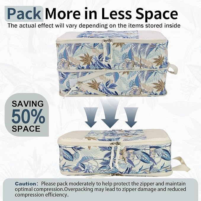 Extra Large Compression Packing Cubes for Carry On, 4 Set Lightweight Travel Packing Organizers with Breathable Mesh, Expandable Compression Cubes for Travel, Blue Floral - Image 5