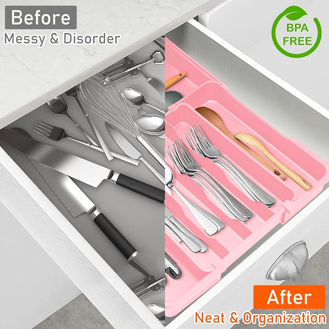 Silverware Organizer - Expandable Silverware Drawer Organizer, Adjustable Drawer Organizer, Silverware Tray for Drawer 15.2"x 19" Utensil Drawer Organizer, Kitchen Organizers Storage, Pink - Image 5
