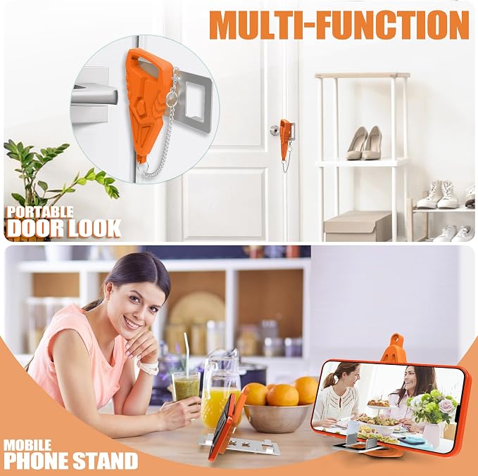 Multifunctional Portable Door Lock, Hotel Door Locks for Travelers or a Cell Phone Stand, Upgrade Lock for Door, Prevent Unauthorized Entry, Apartment Essentials(Orange) - Image 2