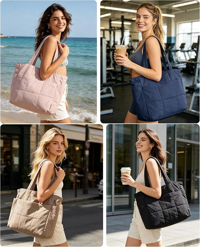 LIGHT FLIGHT Tote Bag for Women, 2-Pc Puffy Tote Bag Set with Compartments, Lightweight Large Shoulder Handbags for Travel - Image 2