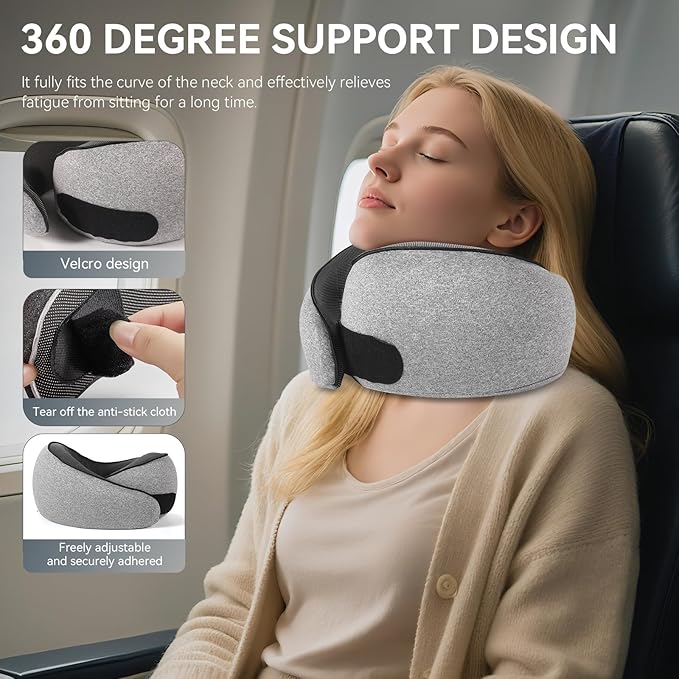SZXYX Neck Travel Pillows - 100% Pure Memory Foam Neck Pillow for Airplanes, Comfortable Breathable Cover, 360° Support Stowable Pillows for Sleeping, Car, Airport Travel Essentials, Heather Gray - Image 3